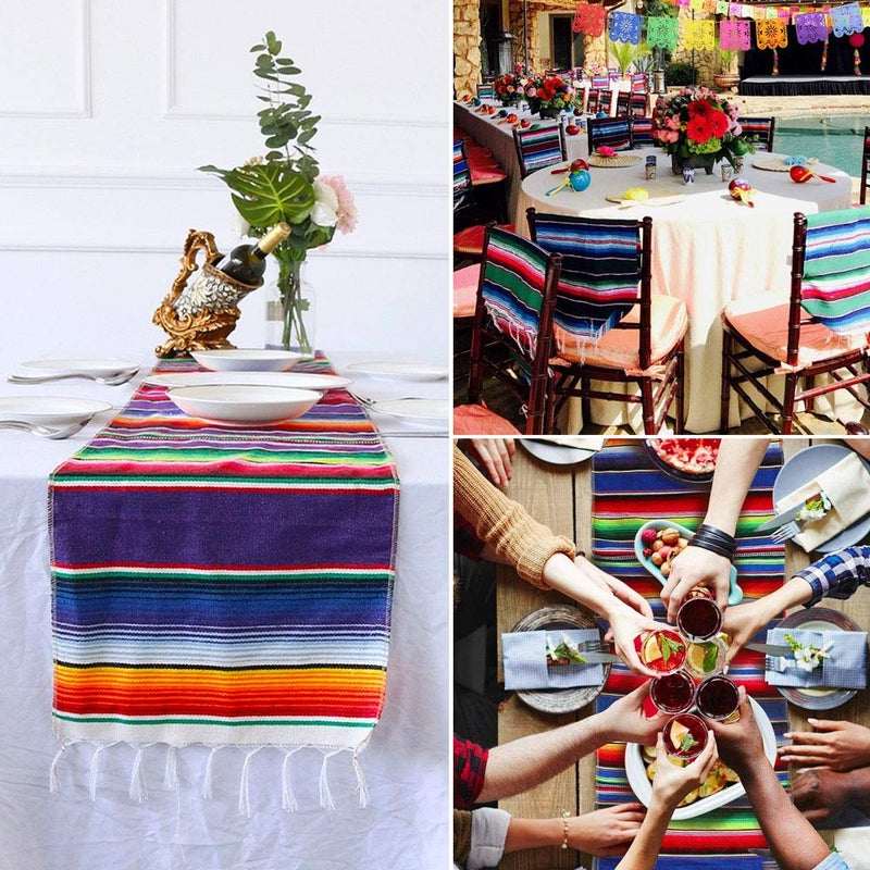 Dreamtop 2 Packs Mexican Table Runner 14 x 84 inch, Serape Table Runner for Mexican Party Wedding Decorations Outdoor Picnics Dining Table, Fringe Cotton Table Runners with 2 Pack Mexican Party Picado - Image 4